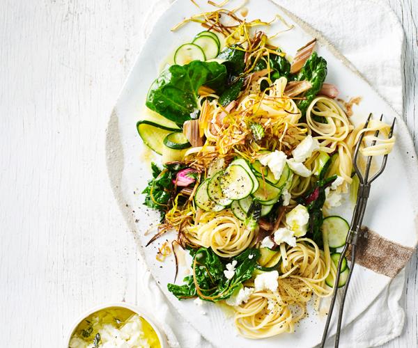 **[Linguine with goat's cheese, rainbow chard and caramelised leek](https://www.gourmettraveller.com.au/recipes/fast-recipes/linguine-goats-cheese-18671|target="_blank")**
