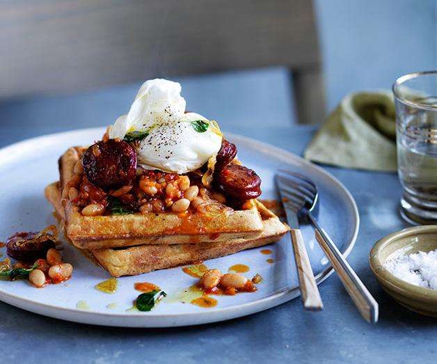 **[Wholemeal waffles with baked beans, chorizo and egg](https://www.gourmettraveller.com.au/recipes/browse-all/wholemeal-waffles-with-baked-beans-chorizo-and-egg-12051|target="_blank")**