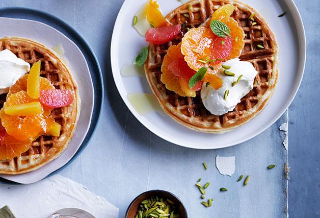 Citrus waffles with honey labne