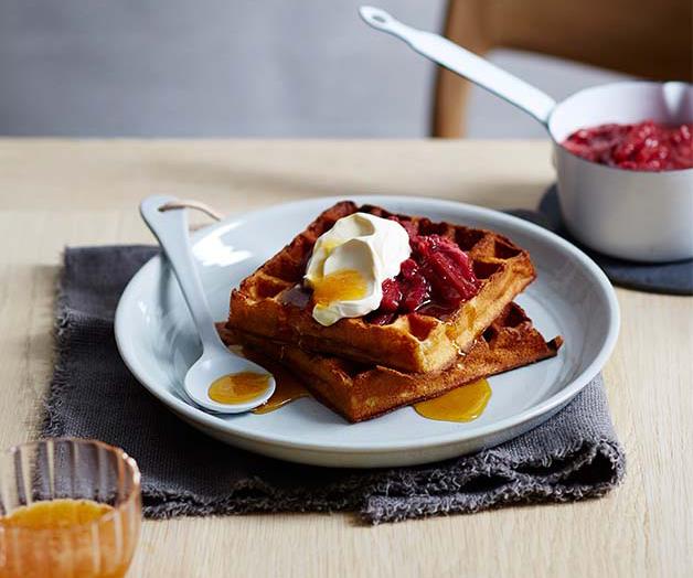 **[Cornersmith's buttermilk waffles with rhubarb and rose compote](http://www.gourmettraveller.com.au/recipes/chefs-recipes/cornersmiths-buttermilk-waffles-with-rhubarb-and-rose-compote-9317|target="_blank")**