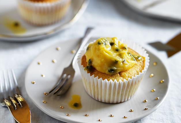 Coconut cupcakes with passionfruit curd