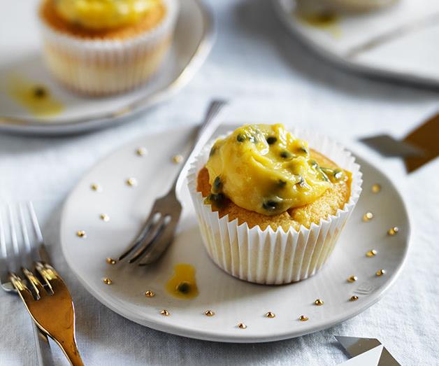 Coconut cupcakes with passionfruit curd