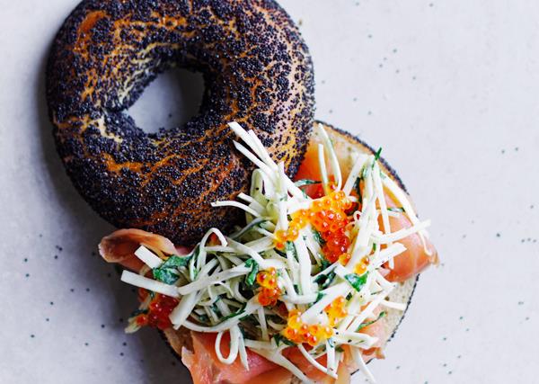 Smoked-trout bagels with celeriac, kohlrabi and fennel rémoulade and trout roe