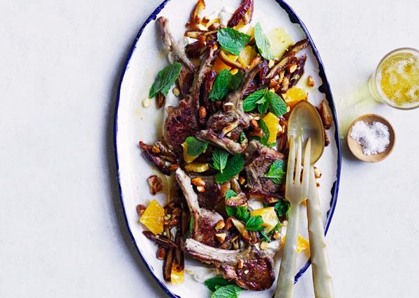 Lamb cutlets with date and almond salad
