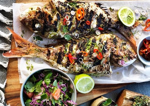 Barbecued whole fish with lemongrass and lime leaves