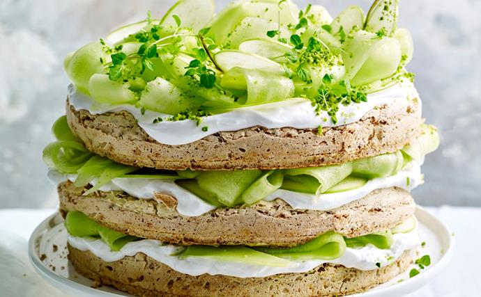 Jaclyn Koludrovic's gluten-free pistachio, lime and coconut cream cake with melon, apple and mint