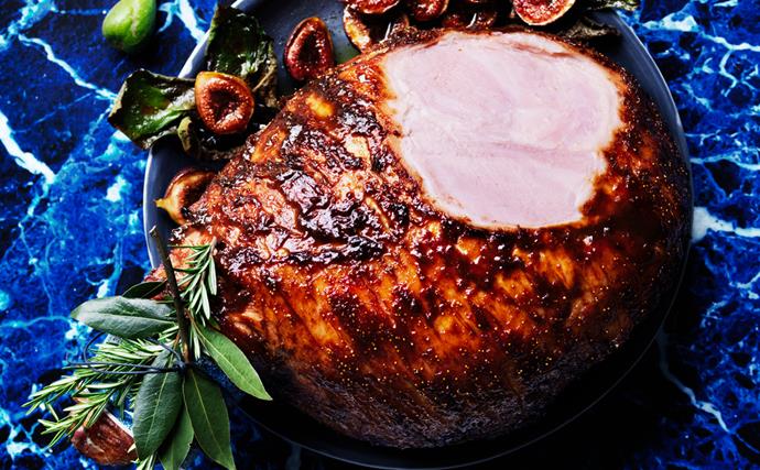 Whole glazed ham with roasted figs