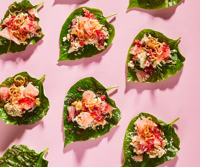 **[Crab, coconut and pomelo betel leaves](https://www.gourmettraveller.com.au/recipes/browse-all/betel-leaves-crab-pomelo-18908|target="_blank")**