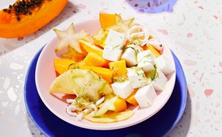 Tropical fruit salad with coconut jelly and ginger syrup