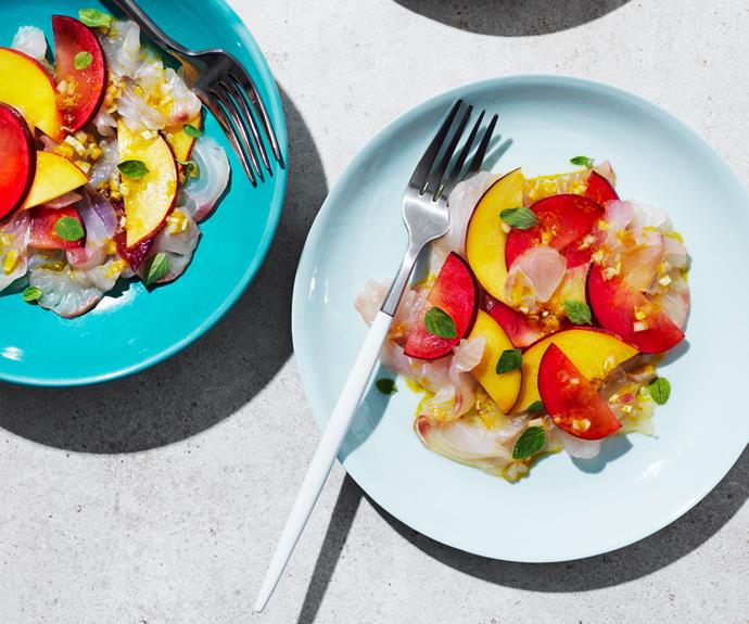 **[Red emperor crudo with stone fruit and orange-oregano dressing](https://www.gourmettraveller.com.au/recipes/browse-all/red-emperor-crudo-18962|target="_blank")**