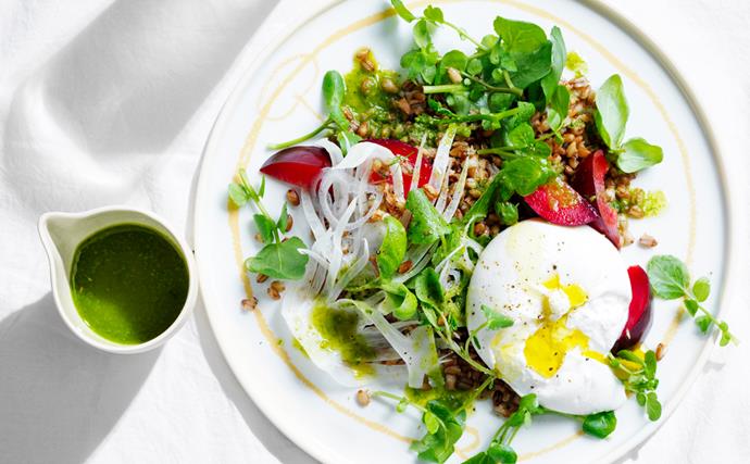 Blood plum, burrata and watercress salad with toasted barley