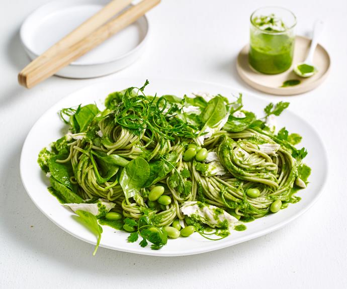 [**Green-tea soba with chicken and green miso**](https://www.gourmettraveller.com.au/recipes/fast-recipes/chicken-soba-salad-19029|target="_blank")