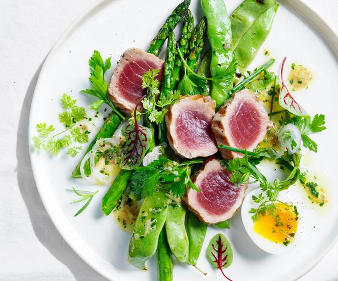 Grilled tuna salad with egg, asparagus and anchovy vinaigrette