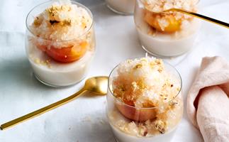 Jaclyn Koludrovic's dairy-free almond milk jelly with prosecco-poached peach and almond crumb