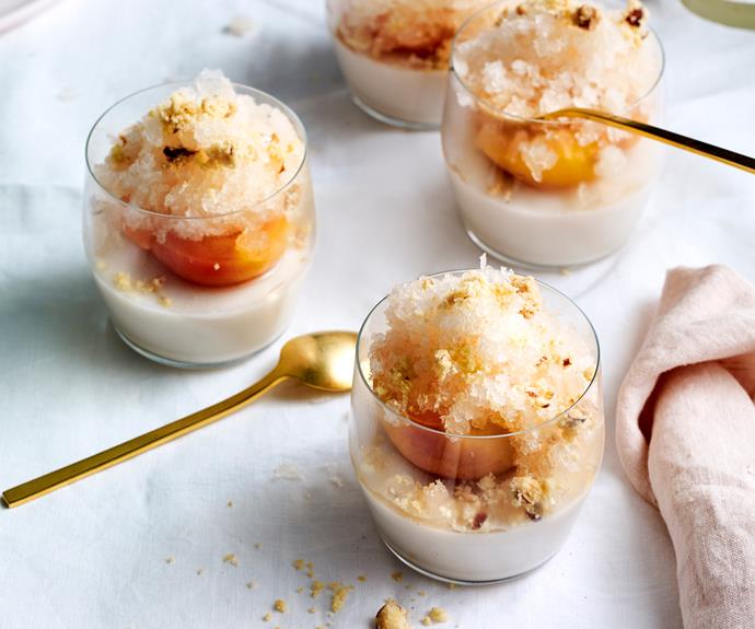 **[Jaclyn Koludrovic's dairy-free almond milk jelly with prosecco-poached peach and almond crumb](https://www.gourmettraveller.com.au/recipes/chefs-recipes/almond-milk-jelly-19061|target="_blank")**