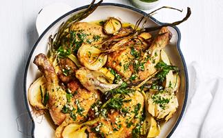 Pan-roasted chicken with artichokes and salad onion