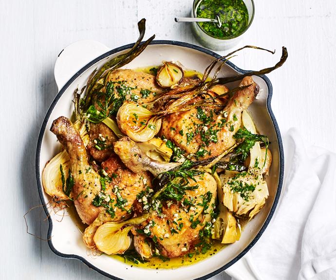 **[Pan-roasted chicken with artichokes and salad onion](https://www.gourmettraveller.com.au/recipes/fast-recipes/pan-roast-chicken-19090|target="_blank")**