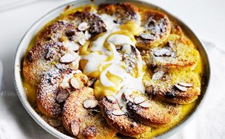 Lemon curd and almond bread and butter pudding