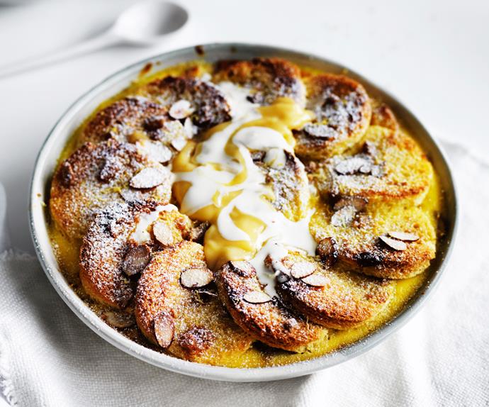Lemon curd and almond bread and butter pudding