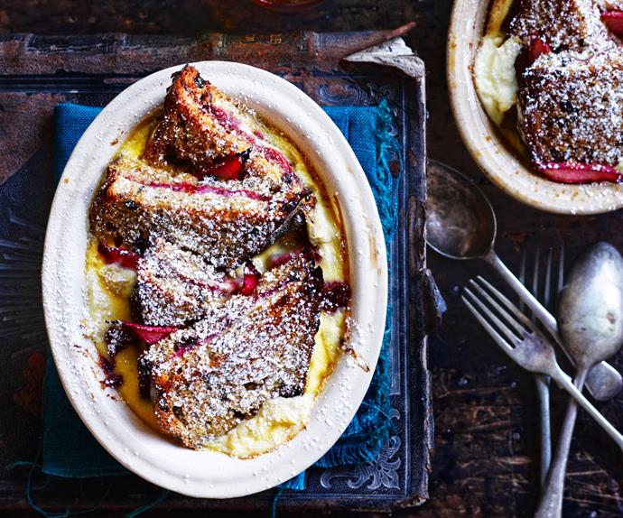 Rhubarb and ricotta bread and butter pudding