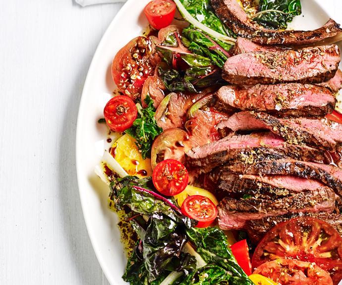 **[Grilled hanger steak with spiced vincotto and rainbow chard](https://www.gourmettraveller.com.au/recipes/fast-recipes/grilled-steak-vincotto-19119|target="_blank")**