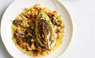 Charred cabbage with chestnuts and prawns