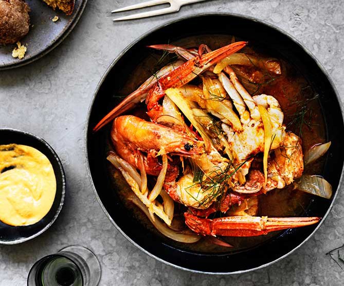 [**Crab, prawn and fennel stew with rouille**](https://www.gourmettraveller.com.au/recipes/browse-all/crab-prawn-and-fennel-stew-with-rouille-12489|target="_blank"|rel="nofollow")

Think of this crab, prawn, and fennel stew as a simpler version of bouillabaisse – just minus the work. Ready in 45 minutes (steaming and cooling included) you can use a mixture of seafood to bring this dish to life, but the real flavour comes from toasting the crab shells in oil.