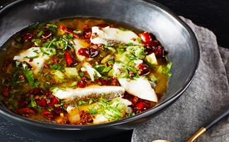 Victor Liong's Sichuan sour and spicy poached fish with pickled mustard greens