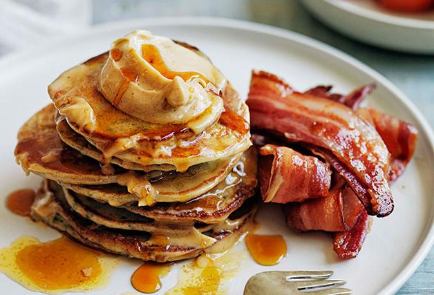 Buckwheat pikelets with bacon and maple butter