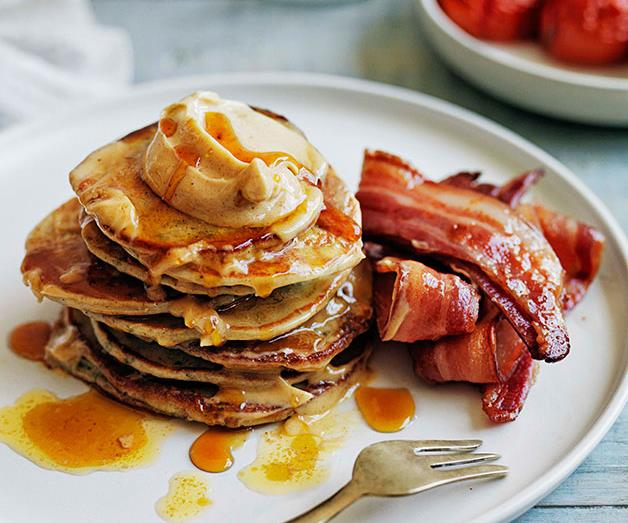 Buckwheat pikelets with bacon and maple butter