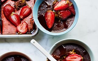 Baked chocolate creams with roasted strawberries