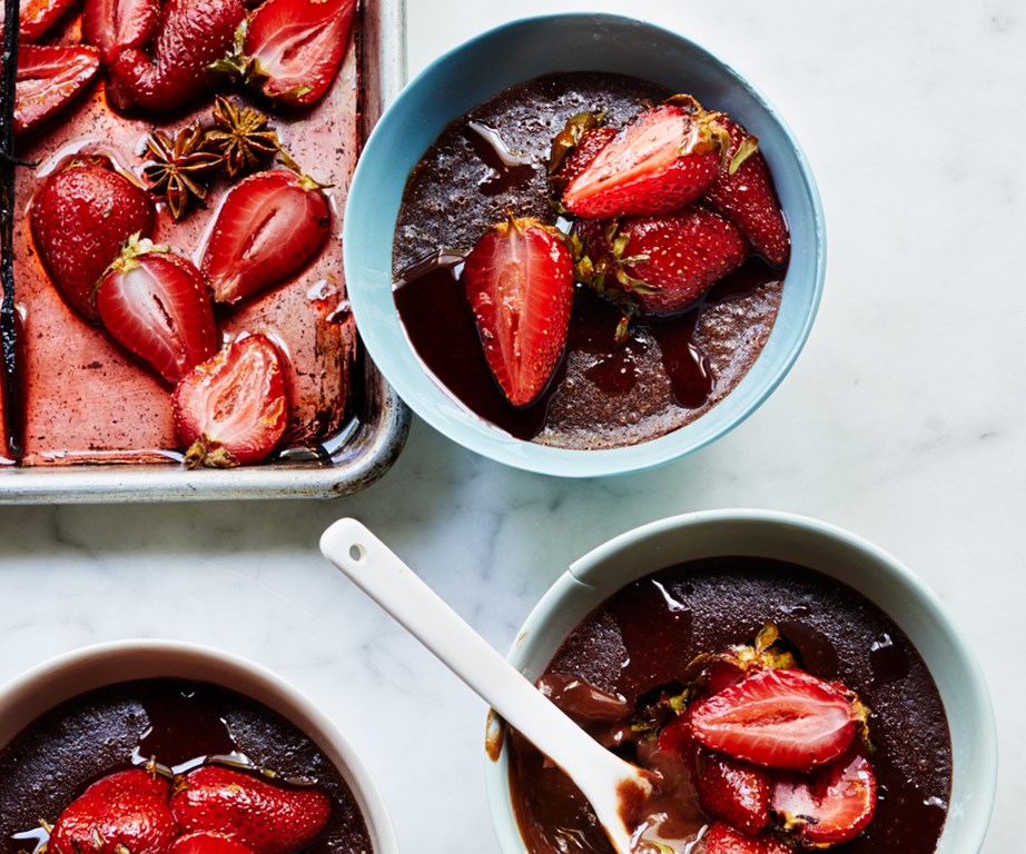 **[Baked chocolate creams with roasted strawberries](https://www.gourmettraveller.com.au/recipes/fast-recipes/baked-chocolate-creams-strawberries-19342|target="_blank"|rel="nofollow")**