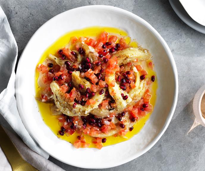 **[Jacqui Challinor's smoked eggplant and pomegranate salad](https://www.gourmettraveller.com.au/recipes/chefs-recipes/smoked-eggplant-19367|target="_blank")**