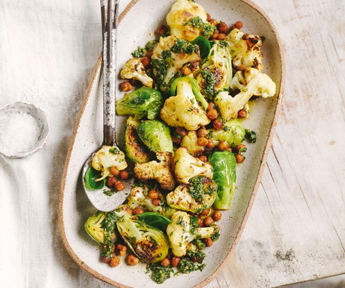 **[Roasted cauliflower, Brussels sprout and chickpea salad](https://www.gourmettraveller.com.au/recipes/fast-recipes/cauliflower-brussels-sprout-salad-19368|target="_blank")**