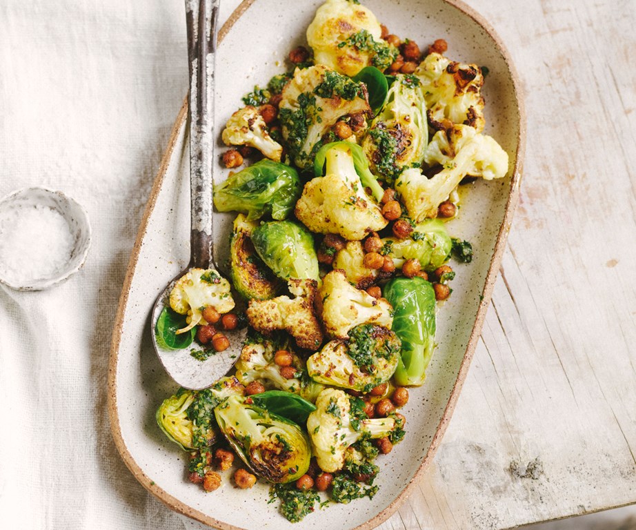 **[Roasted cauliflower, Brussels sprout and chickpea salad](https://www.gourmettraveller.com.au/recipes/fast-recipes/cauliflower-brussels-sprout-salad-19368|target="_blank"|rel="nofollow")**