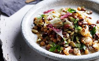 Four-bean salad with roast cauliflower