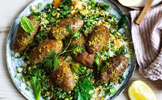 Beef koftas with green couscous and pistachio nuts