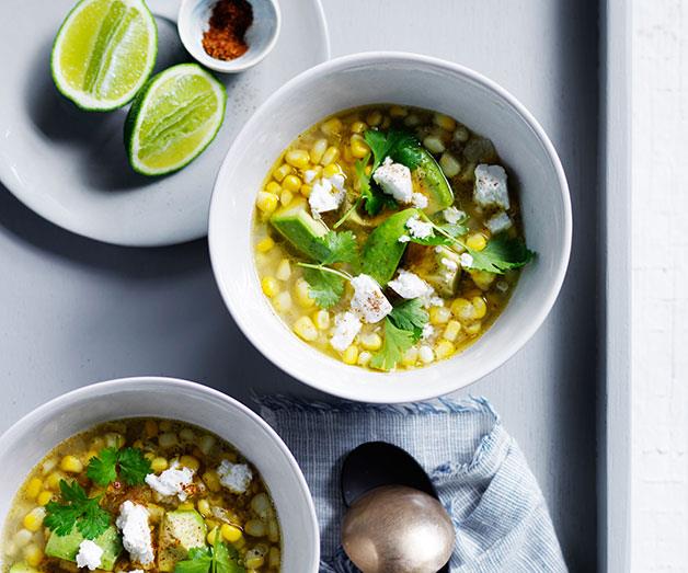 Corn and avocado soup with goat’s feta