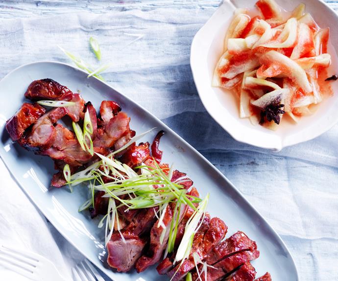 Chinese barbecue pork with pickled watermelon rind
