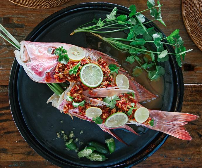 **[Bpla neung manow (steamed fish with spicy chilli and lime dressing)](https://www.gourmettraveller.com.au/recipes/chefs-recipes/thai-steamed-fish-bpla-neung-manow-19501|target="_blank")**<br/>
"When we ate whole fish my mum would always leave the meaty bits for me and take the head for herself, which I thought at the time was a loving sacrifice. But now I know the head holds the sweetest and most tender bits," says Anderson. "I imagine this to be the secret self-care baton that mothers pass on to each other through the ages."