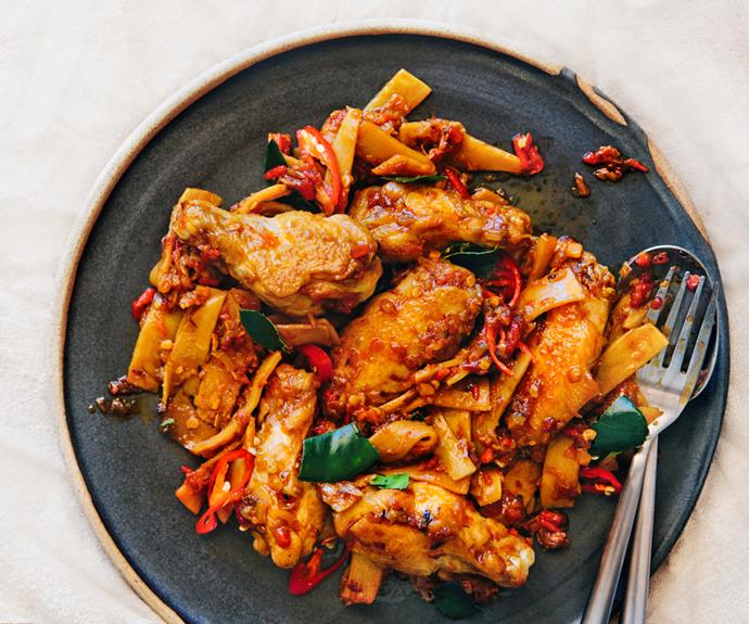 **[Padt pedt gai (stir-fried spicy chicken wings and bamboo shoots)](https://www.gourmettraveller.com.au/recipes/chefs-recipes/thai-chicken-wings-19504|target="_blank")**<br/>
"On our many R&D trips to Thailand over the decades, Mum's preferred eateries were always the humble raan khao gaeng, which loosely translates to rice and curry shop," says Anderson. "She always chose the same thing shop to shop, setting the bar of her favourite institutions based on these favourites of hers."