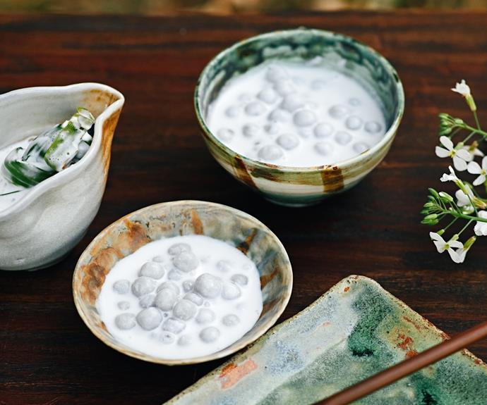 **[Bua loy (warm coconut cream pudding with taro dumplings)](https://www.gourmettraveller.com.au/recipes/chefs-recipes/bua-loy-19507|target="_blank")**<br/>
"Dessert most nights was fresh fruit," says Anderson. "Bua loy, however, was a Monday night special. I would help my mum roll out the little balls to resemble lotus seeds. An eternity to make for a few mouthfuls of heaven."