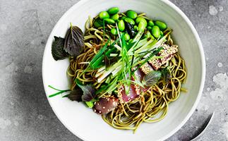 Sesame-crusted bonito and edamame with green-tea soba noodles