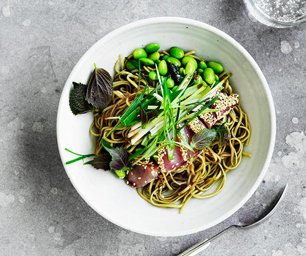 **[Sesame-crusted bonito and edamame with green-tea soba noodles](http://www.gourmettraveller.com.au/recipes/browse-all/sesame-crusted-bonito-and-edamame-with-green-tea-soba-noodles-12715|target="_blank")**