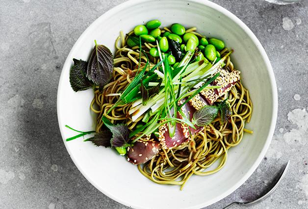 Sesame-crusted bonito and edamame with green-tea soba noodles