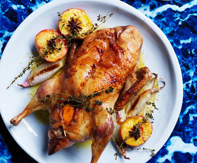Spiced roast duck with peaches and oranges