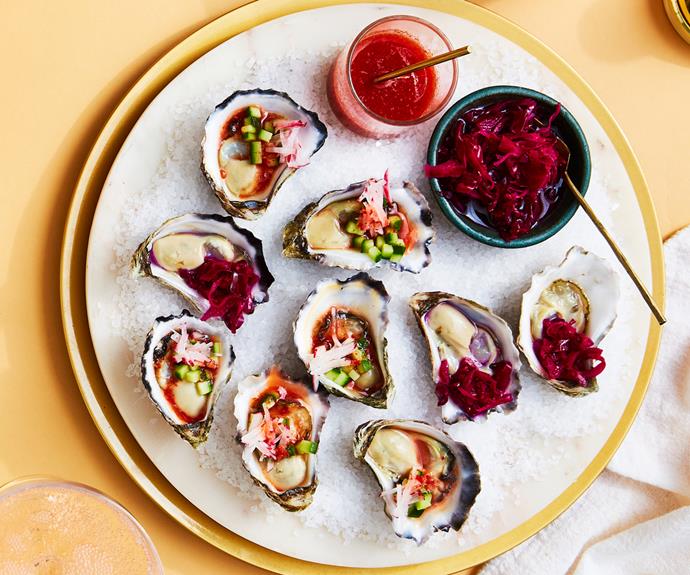 **[Oysters two ways, with cucumber-lime dressing and cabbage-ginger tsukemono](https://www.gourmettraveller.com.au/recipes/browse-all/oysters-cucumber-dressing-19567|target="_blank")**