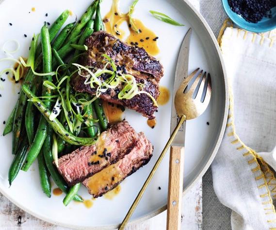 Fillet steak with charred green beans and tahini