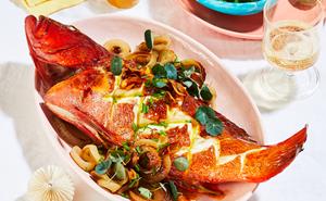 Coral trout with saffron and Sherry-roasted onions
