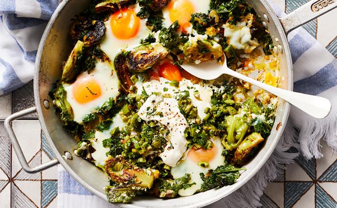 Green shakshuka with Brussels sprouts, olives and labne